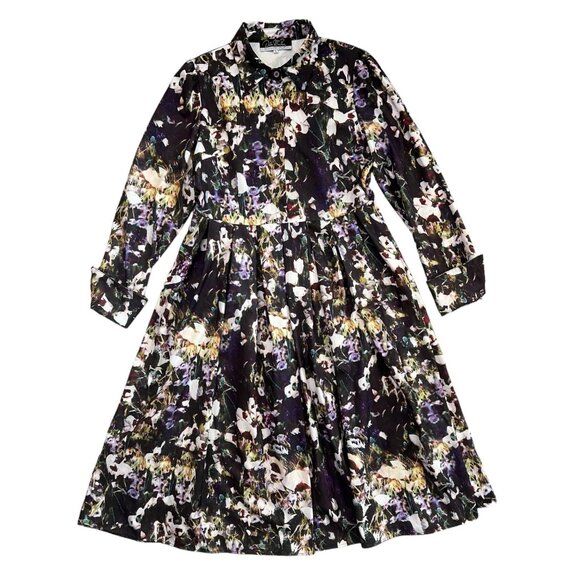 Dalia Macphee Floral Midi Shirt Dress Multicolor Large Modest Twee Full Skirt - Picture 3 of 16